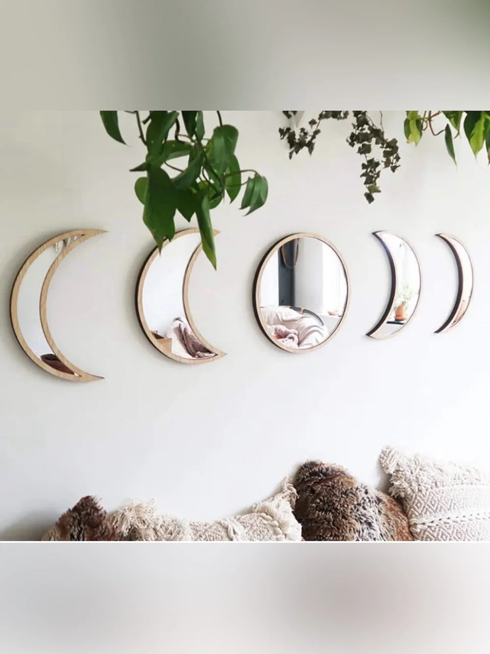 Moon Phase Wall Mirror Set in Natural Wood
